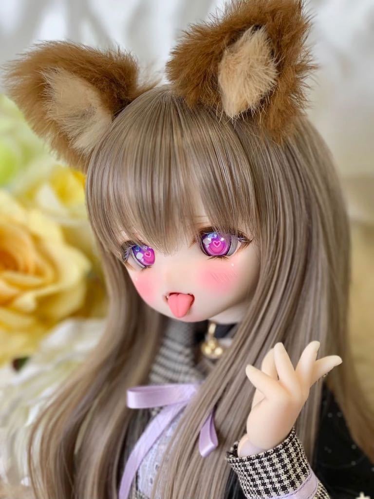 ＊luceluce＊ DDH-01 セミホワイト肌 カスタムヘッド＋舌パーツ＋レジンアイ＋ケモミミ＋チョーカー ソフビ盛りにつき難あり_画像6