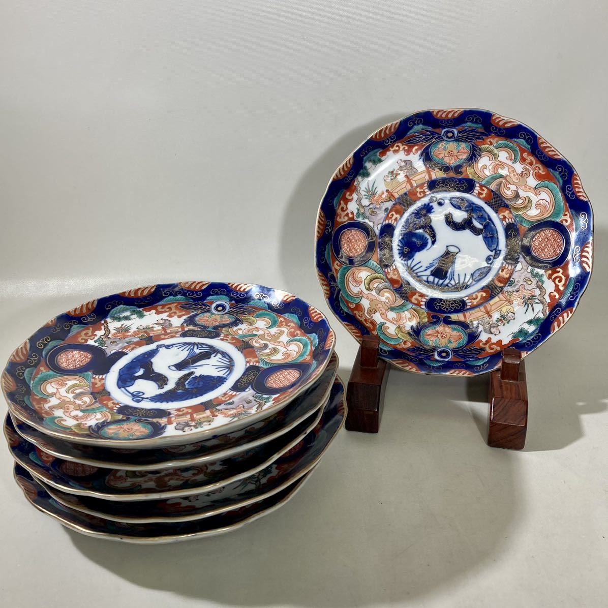 古伊万里 七寸皿 中皿 飾皿 人物 鳥 色絵 六客 灯 www.pn