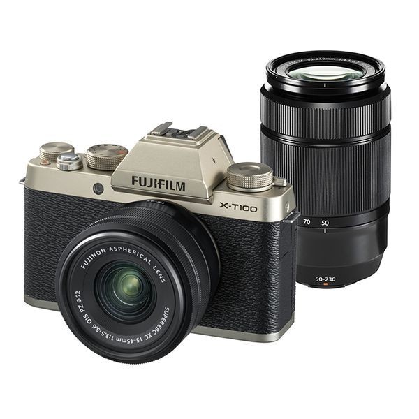 中古 １年保証 美品 FUJIFILM X-T100 ダブルズームキット XC 15-45mm OIS PZ + XC 50-230mm OIS II シャンパンゴールド_画像1