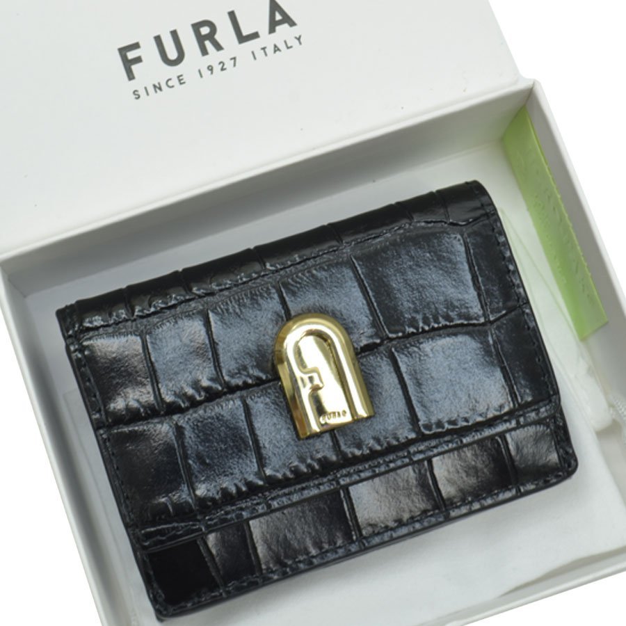 FURLA フルラ 財布 型押しレザーx金属素材 ブラックxゴールドカラー r8491a