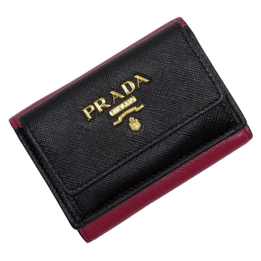 PRADA プラダ 三つ折り財布 サフィアーノレザー ブラックxレッドx 