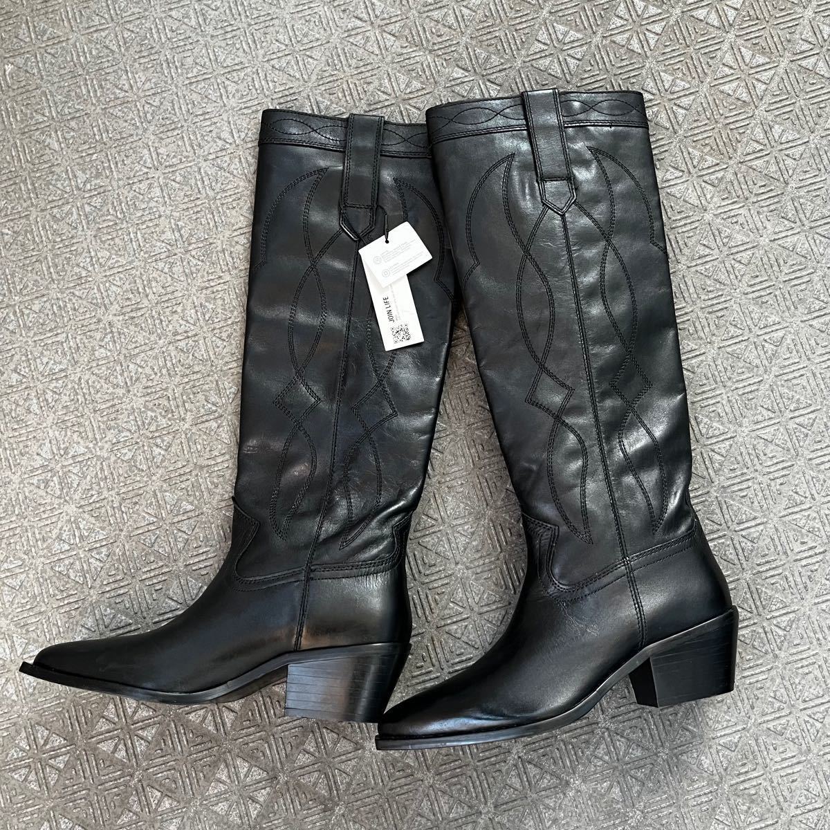 新品 ZARA レザーカウボーイ ブーツ ロングブーツ 黒 ブラック 新品 ZARA レザーカウボーイ ブーツ ロングブーツ 黒 ブラック
