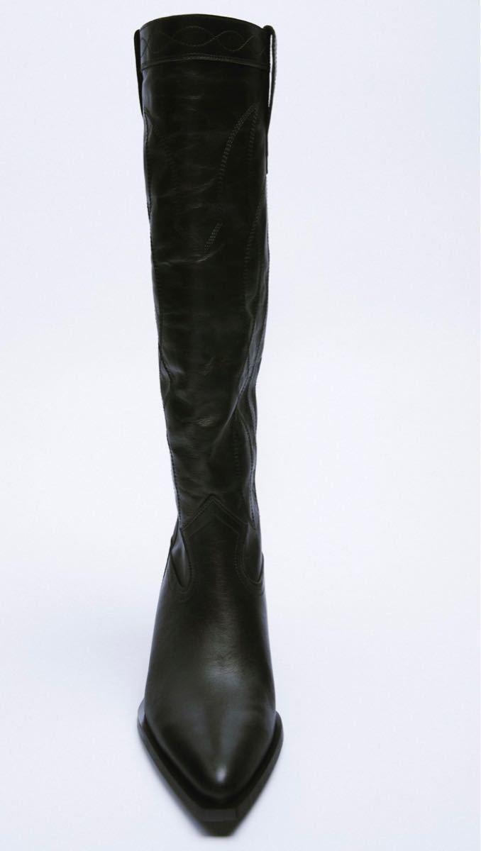 新品 ZARA レザーカウボーイ ブーツ ロングブーツ 黒 ブラック 新品 ZARA レザーカウボーイ ブーツ ロングブーツ 黒 ブラック