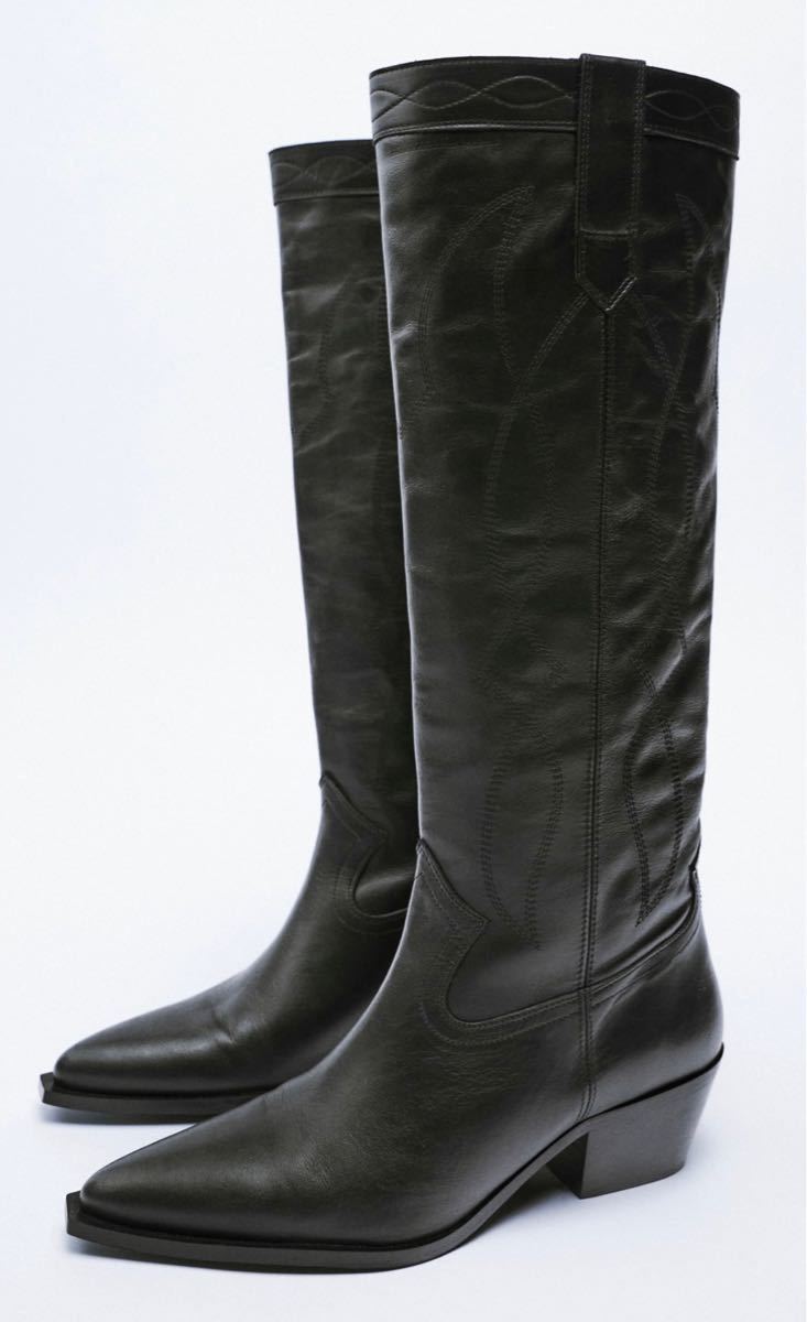 新品 ZARA レザーカウボーイ ブーツ ロングブーツ 黒 ブラック 新品 ZARA レザーカウボーイ ブーツ ロングブーツ 黒 ブラック