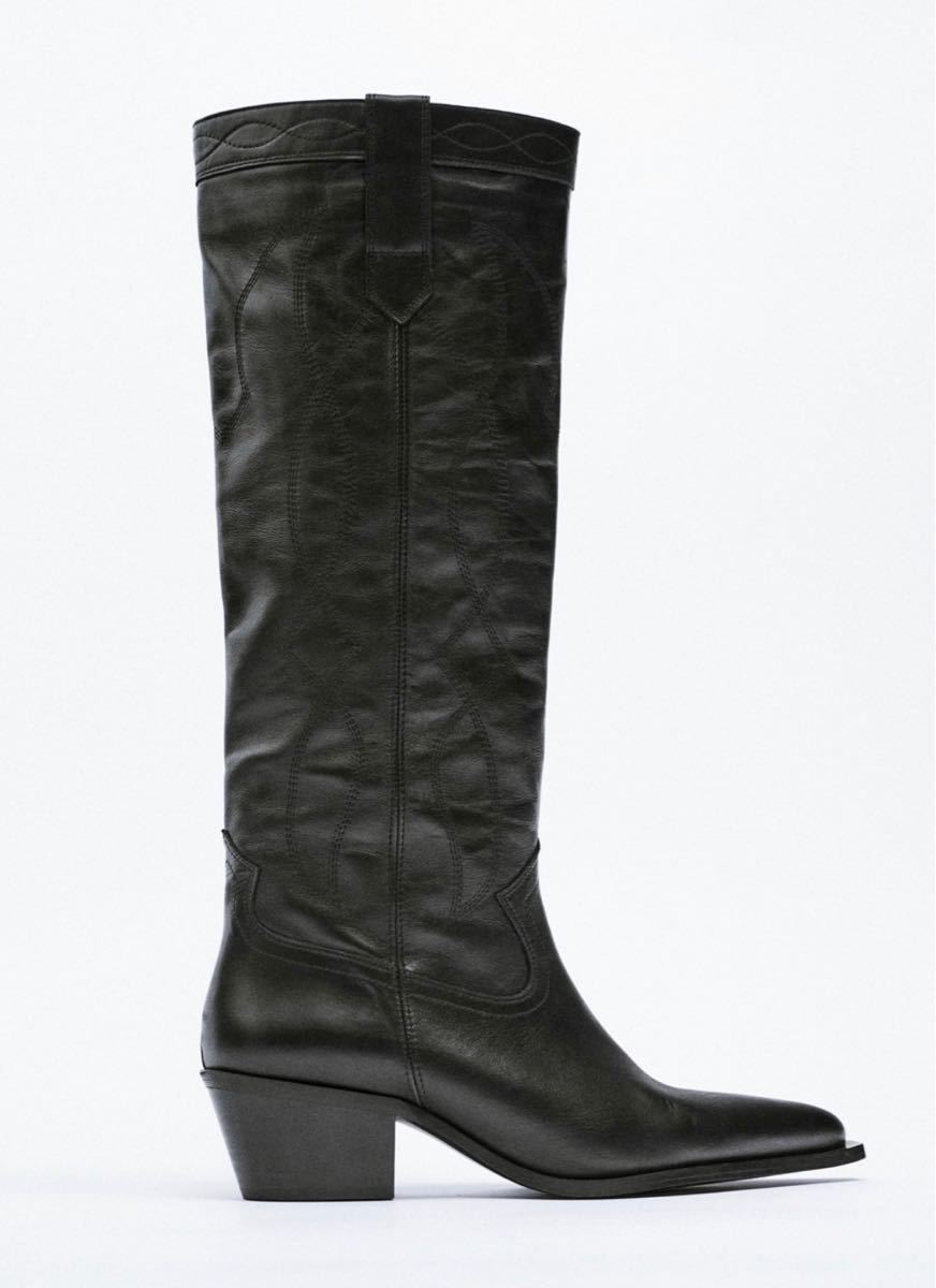 新品 ZARA レザーカウボーイ ブーツ ロングブーツ 黒 ブラック 新品 ZARA レザーカウボーイ ブーツ ロングブーツ 黒 ブラック
