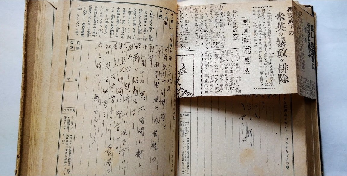 つはもの日記2冊・昭和16・17年 姫路連隊中部第46部隊上田軍曹・宣戦の詔勅新聞記事添付・カバー絵(大観・玉堂)・軍事普及会 2