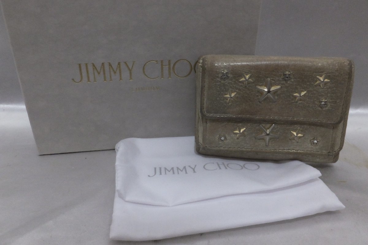 JIMMY CHOO ジミーチュウ スタッヅ 三つ折財布 イタリア製 箱付 ゴールド系 財布_画像1