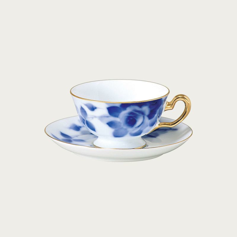 大倉陶園! ☆ブルーローズ・モーニング碗皿ペア(8211/26cr)☆ 新品 マグカップ 紅茶 ミルク ラテ エスプレッソ ギフト