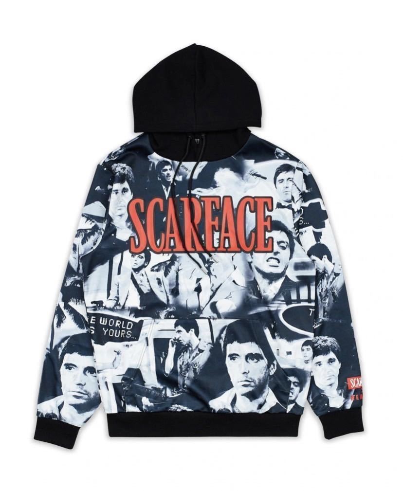 美中古 US直輸入 REASON BRAND Scarface Collab Collage Allover Print Al Pacino Hoodie Mサイズ リーズン スカーフェイス パーカー_画像1