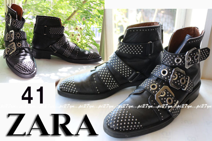 激安先着靴ZARA 本革 スタッズブーツ 26cm 26.5cm レザー ライダースブーツ ザラ