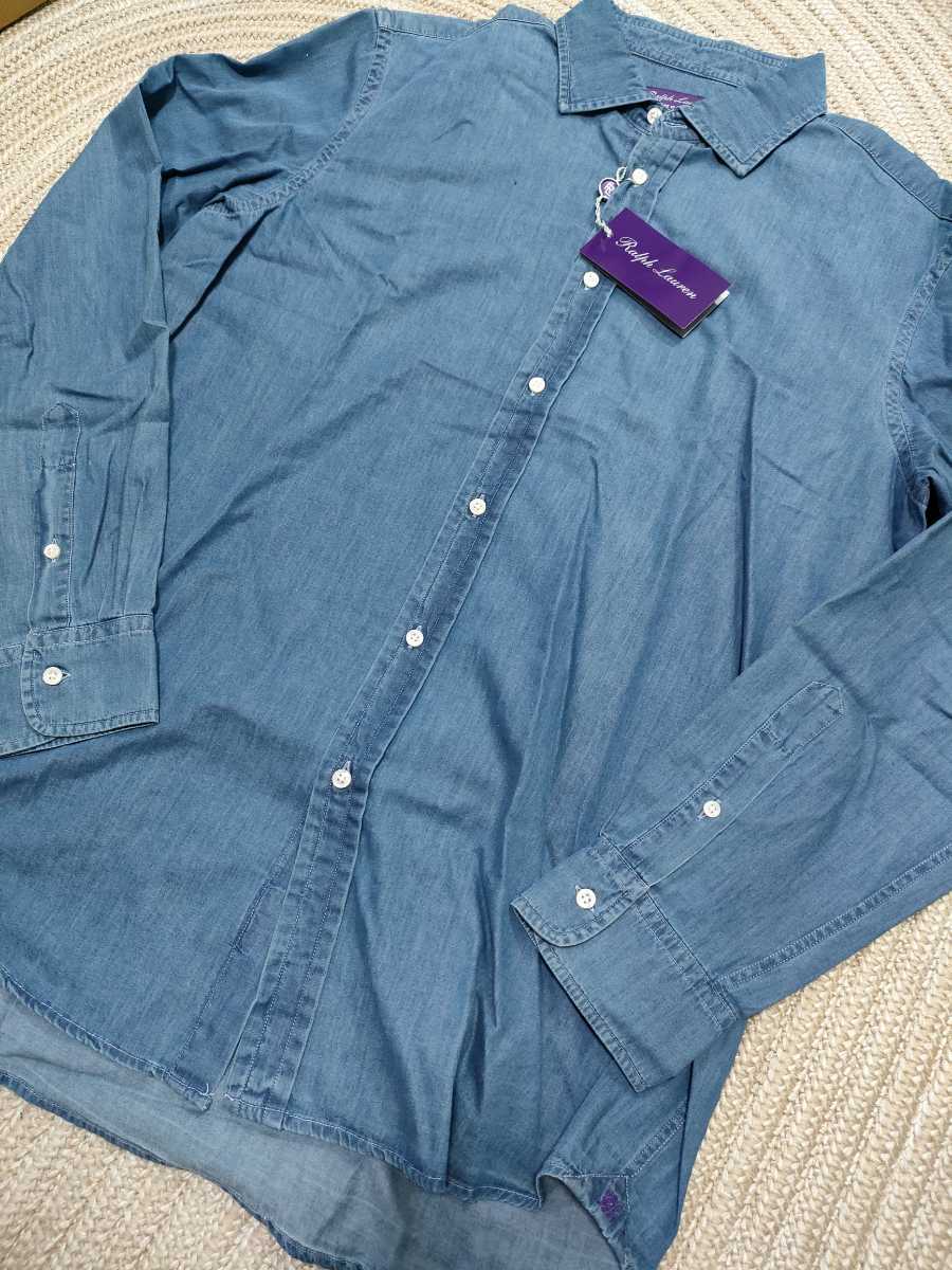 新品 定価59,400 イタリア製 ラルフローレン パープルレーベル 長袖 シャツ L インディゴ デニム 最上級ライン ポロ 国内正規_画像2
