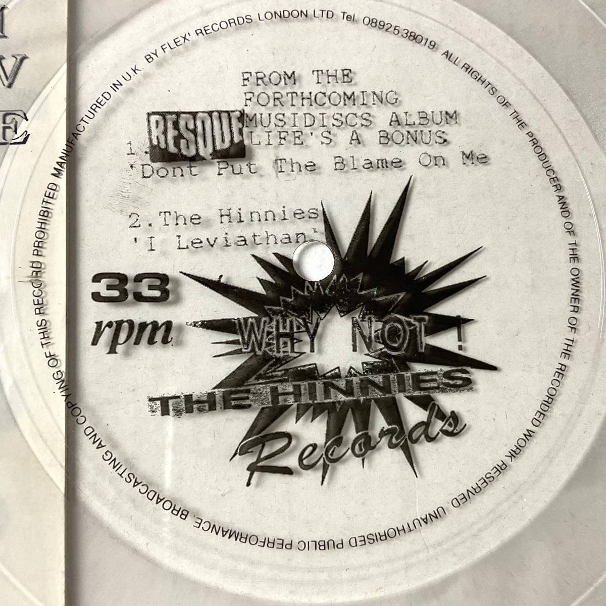 RARE レコード 7“ FLEXI Resque / The Hinnies Don't Put The Blame On Me / I Leviathan w/ ZINE CarterUSM FRANK & WALTERS 入手困難_画像2