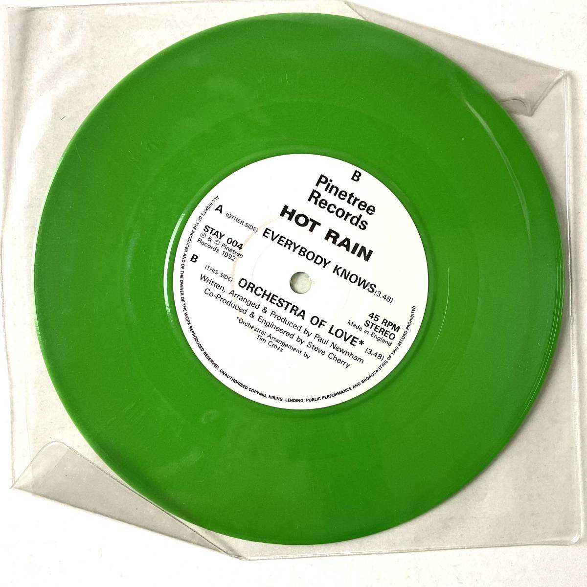 激レア デッドストック新品 未使用盤 HOT RAIN Everybody Knows レコード 7“ PNIETREE RECORDS 1992 UNPLAYED ネオアコ ギターポップ_画像2