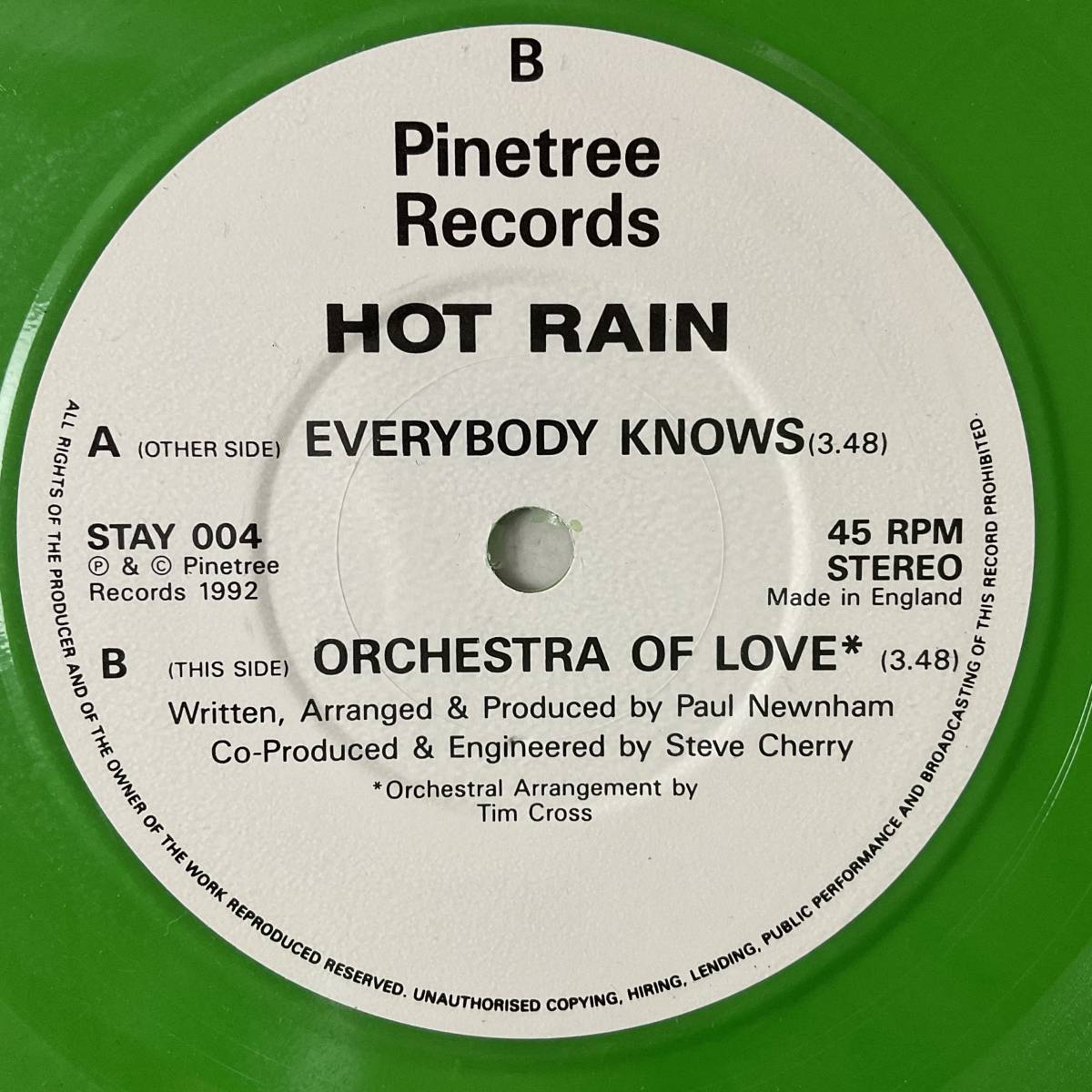 激レア デッドストック新品 未使用盤 HOT RAIN Everybody Knows レコード 7“ PNIETREE RECORDS 1992 UNPLAYED ネオアコ ギターポップ_画像3