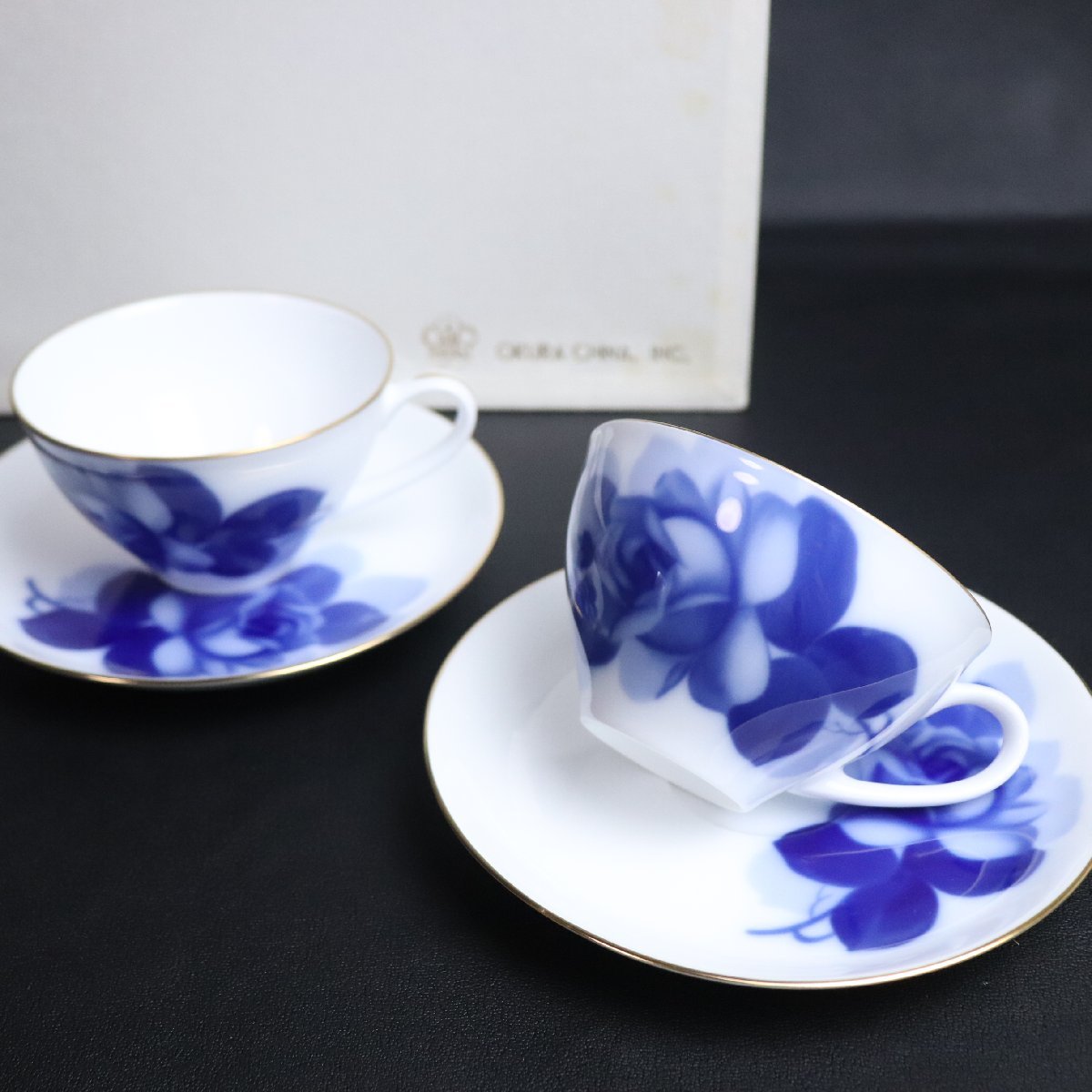 1円 大倉陶園 OKURA ブルーローズ カップ&ソーサー 2客 箱入り 美品