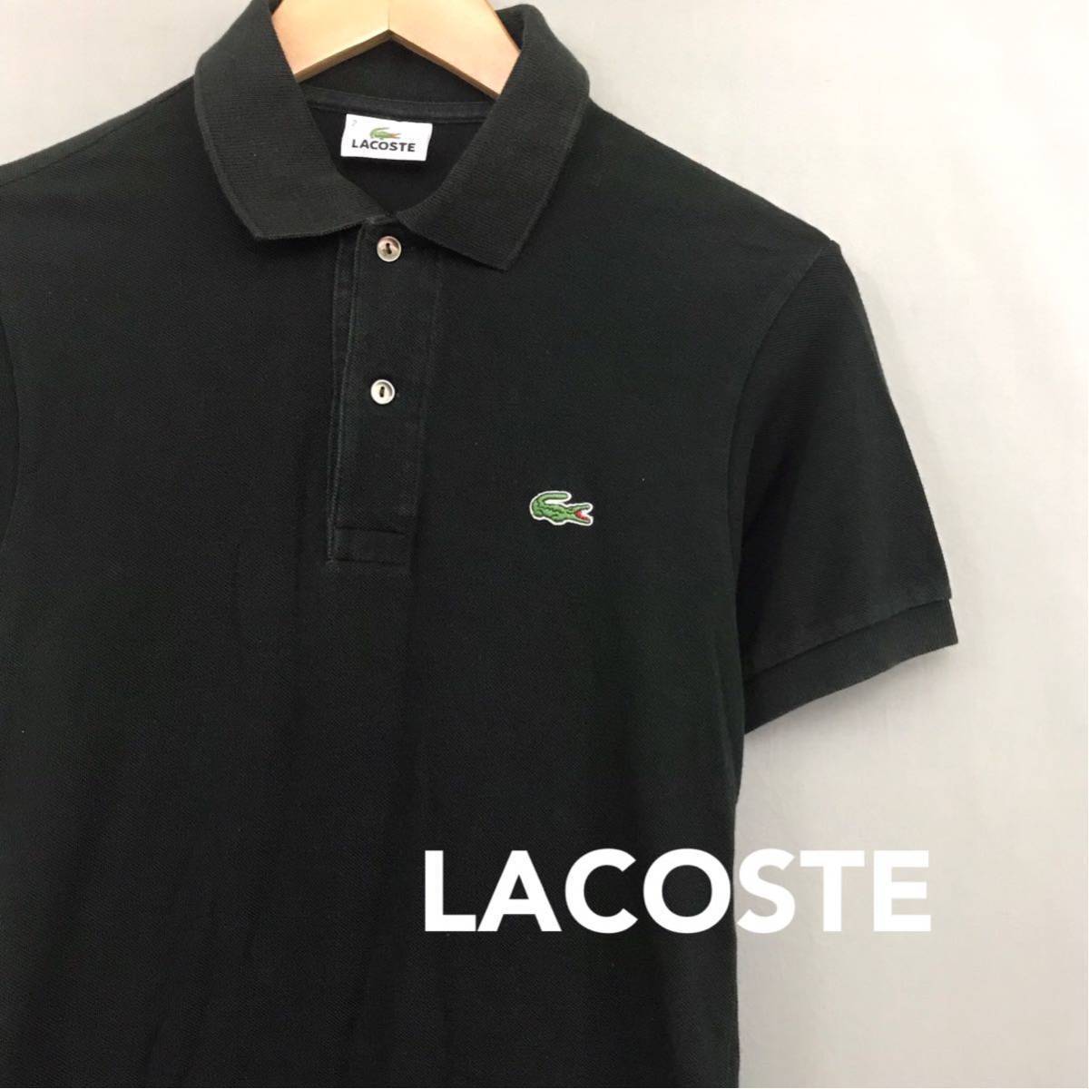 ラコステ LACOSTE ポロシャツ 半袖 トップス 鹿の子 ロゴ 刺繍 ワニ ファブリカ 日本製 綿100% 黒 ブラック メンズ サイズ2 Sサイズ £□