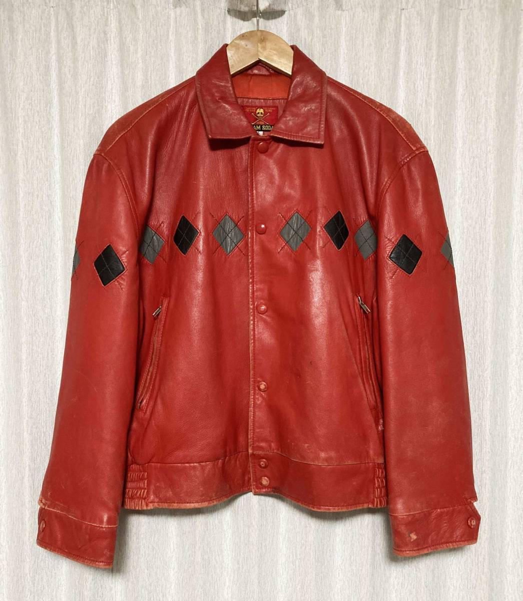 [90s CREAM SODA] 金タグ ロカビリーレザージャケット ライダース L レッド 羊革 赤 90年代 ビンテージ クリームソーダ
