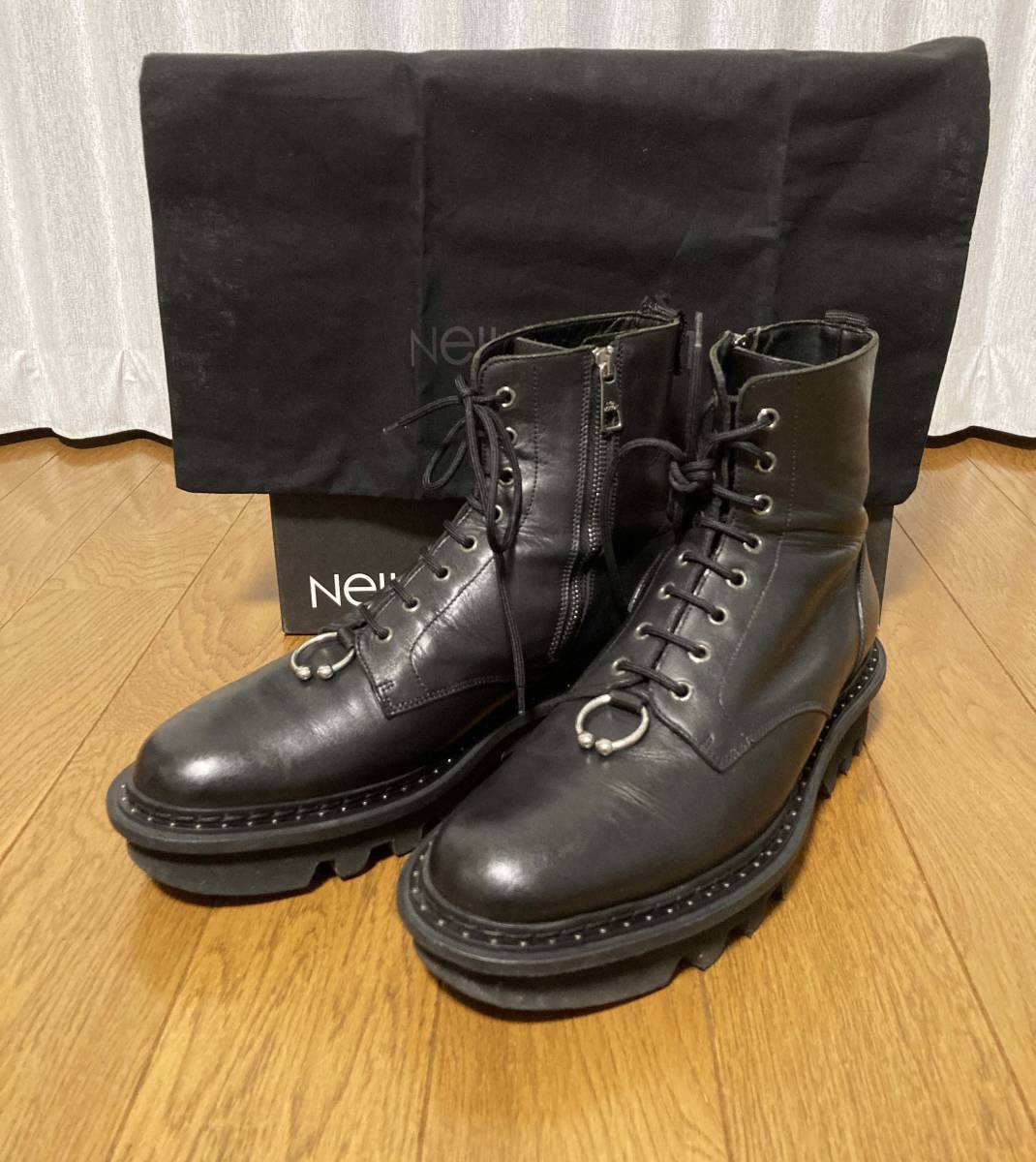 [Neil Barrett] 15AW 定120,960 PIERCED PUNK BOOTS ピアス サイドジップ コンバットレザーブーツ 42 ブラック イタリア製 ニールバレット_画像1