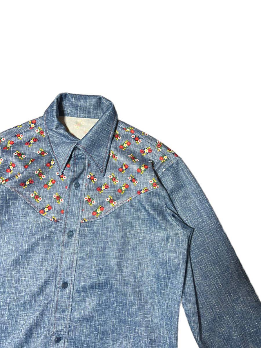 1970s】ビンテージ ヒッピー 刺繍プリント ポリシャツ デニム 古着 70