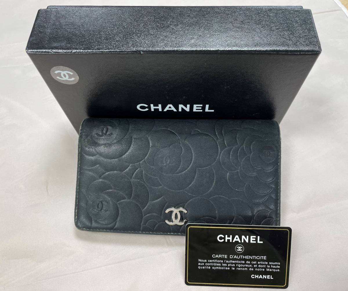 美品】CHANEL 長財布 カメリア ココマーク レザー 黒 箱 ギャランティ