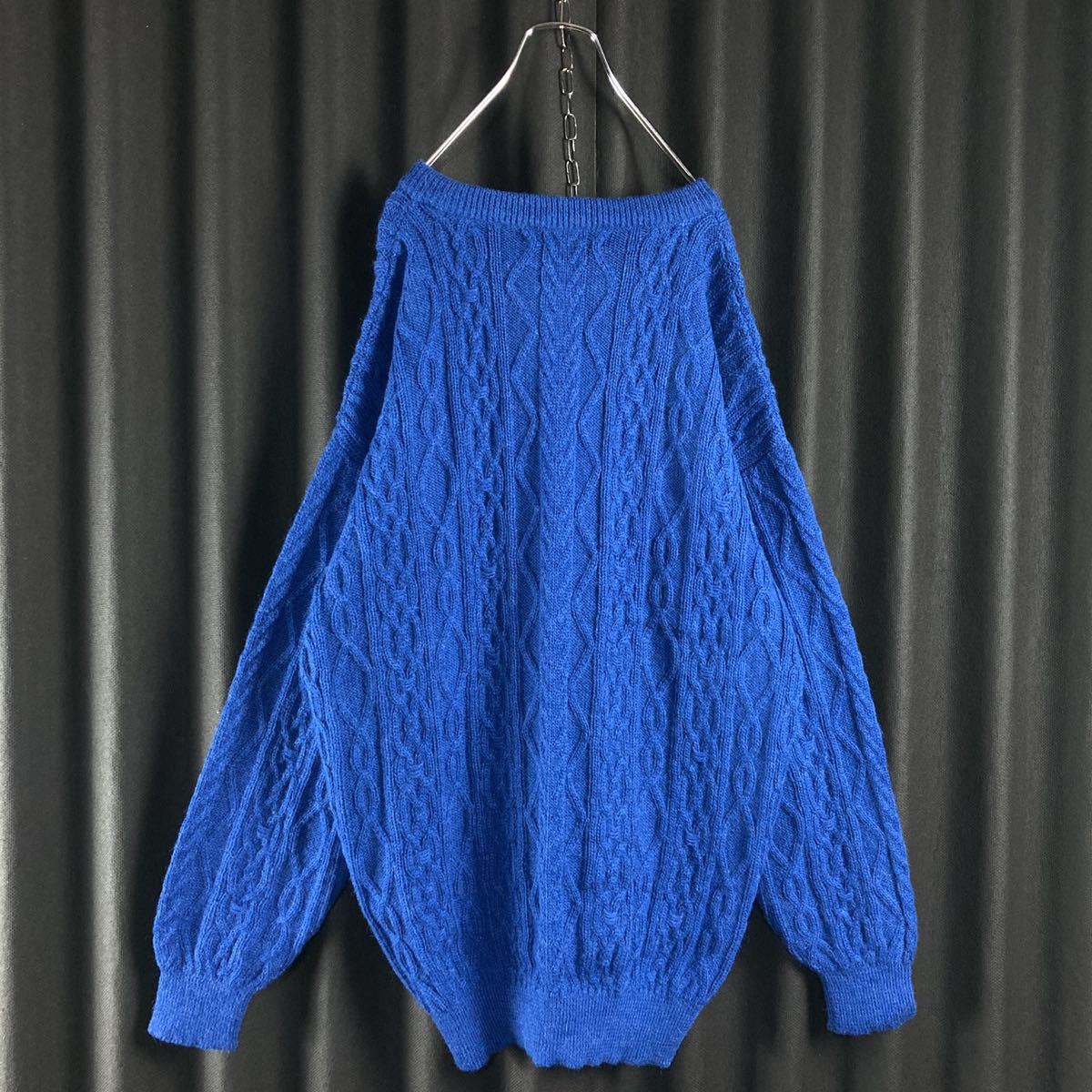 [ super fine quality pe Roo made ]ivu* sun rolan alpaca 100% cable knitted blue L size Vintage old clothes 