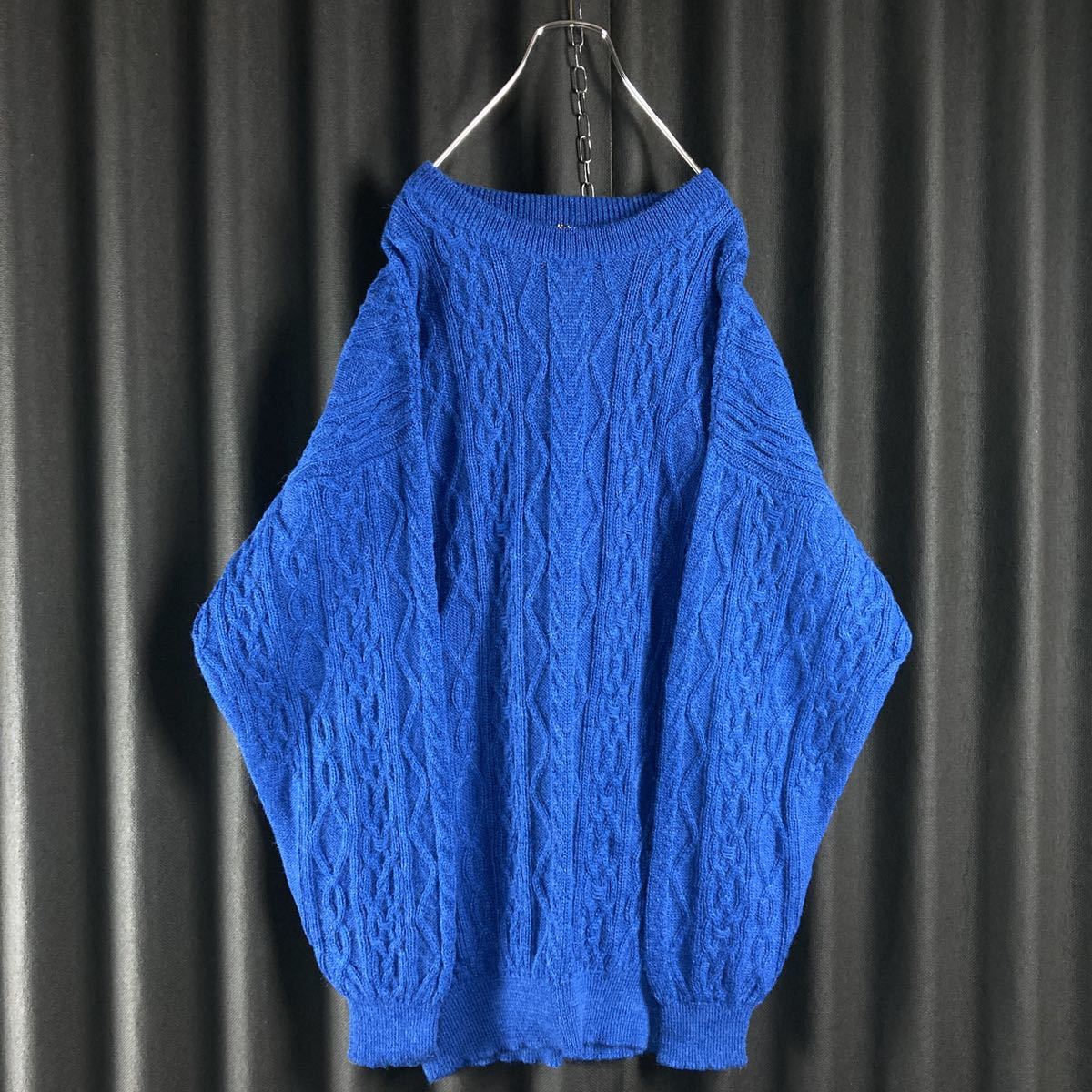 [ super fine quality pe Roo made ]ivu* sun rolan alpaca 100% cable knitted blue L size Vintage old clothes 