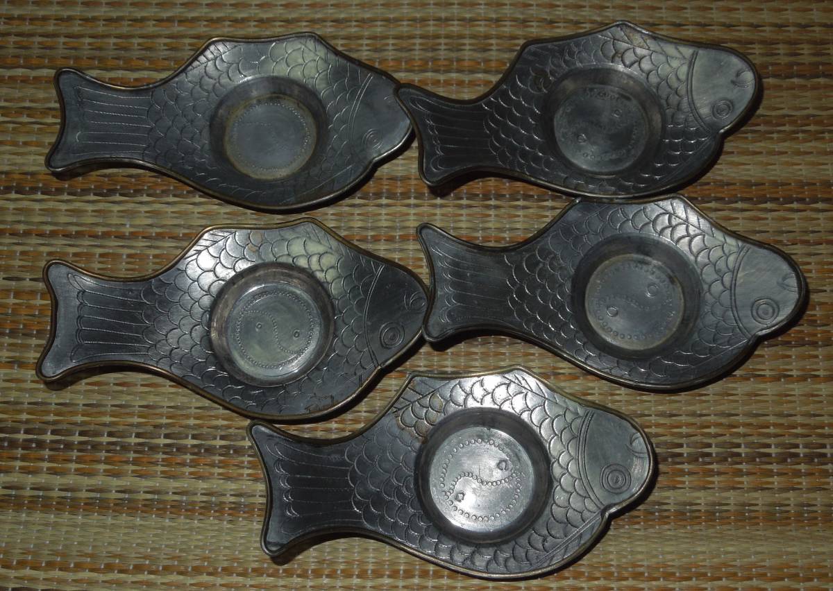 茶道具　間村自造　錫製　魚形　銅縁　茶托　5枚　　約390g