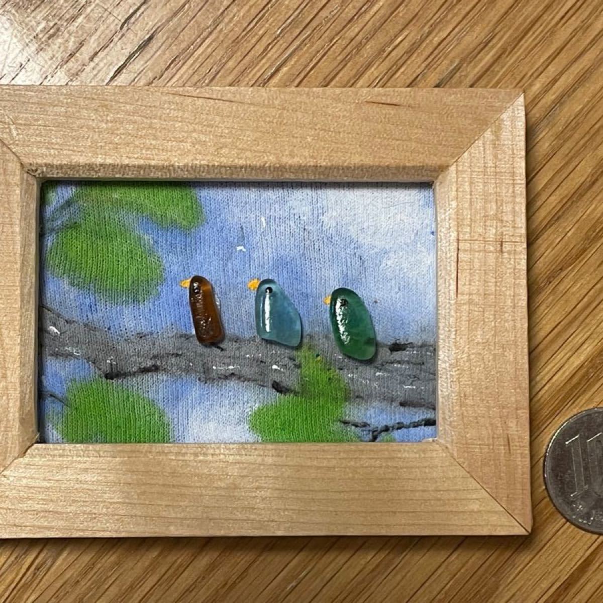 シーグラスアート　no.133   仲良しにゃんこ達と金魚、朝顔と鳥さん達