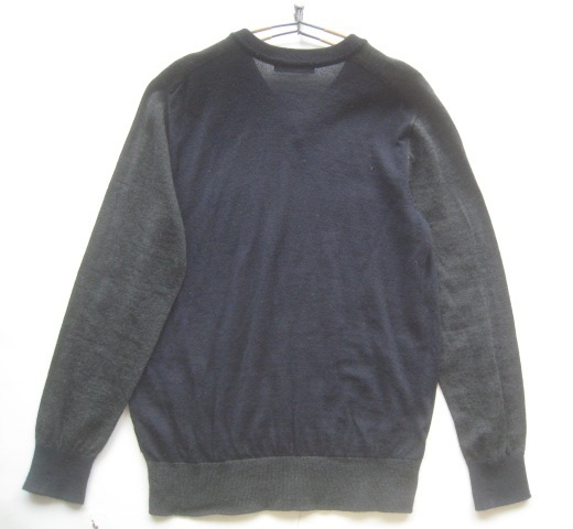美品日本製 23区オム 23区HOMME Vネックウールニットセーター 46 実寸M 紺×グレー オンワード樫山