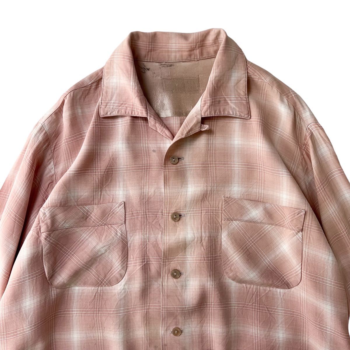 60s ピンク オンブレ チェック レーヨン オープンカラー 長袖 シャツ