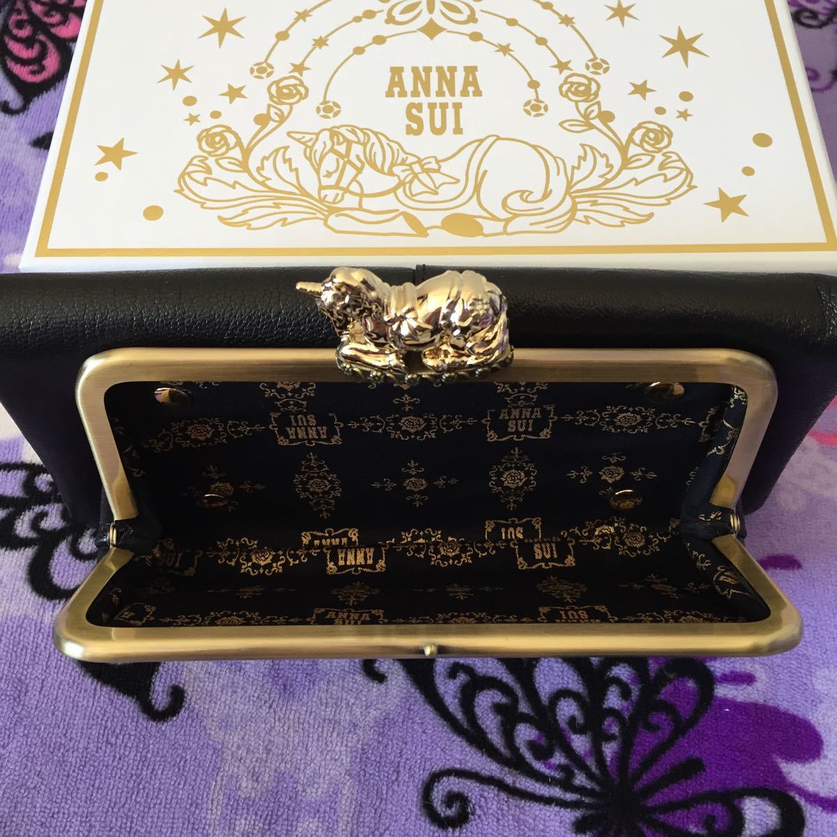 アナスイ　ファンタジア　長財布　ガマ口　ユニコーン  黒　ANNA SUI