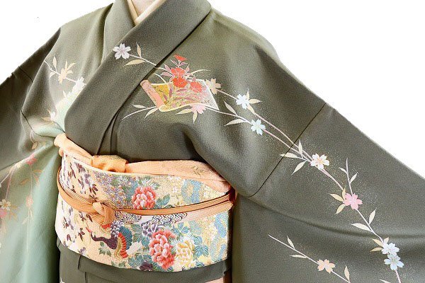 美品 訪問着 袋帯 帯揚 帯締4点セット パステルグリーン 金彩 入学式
