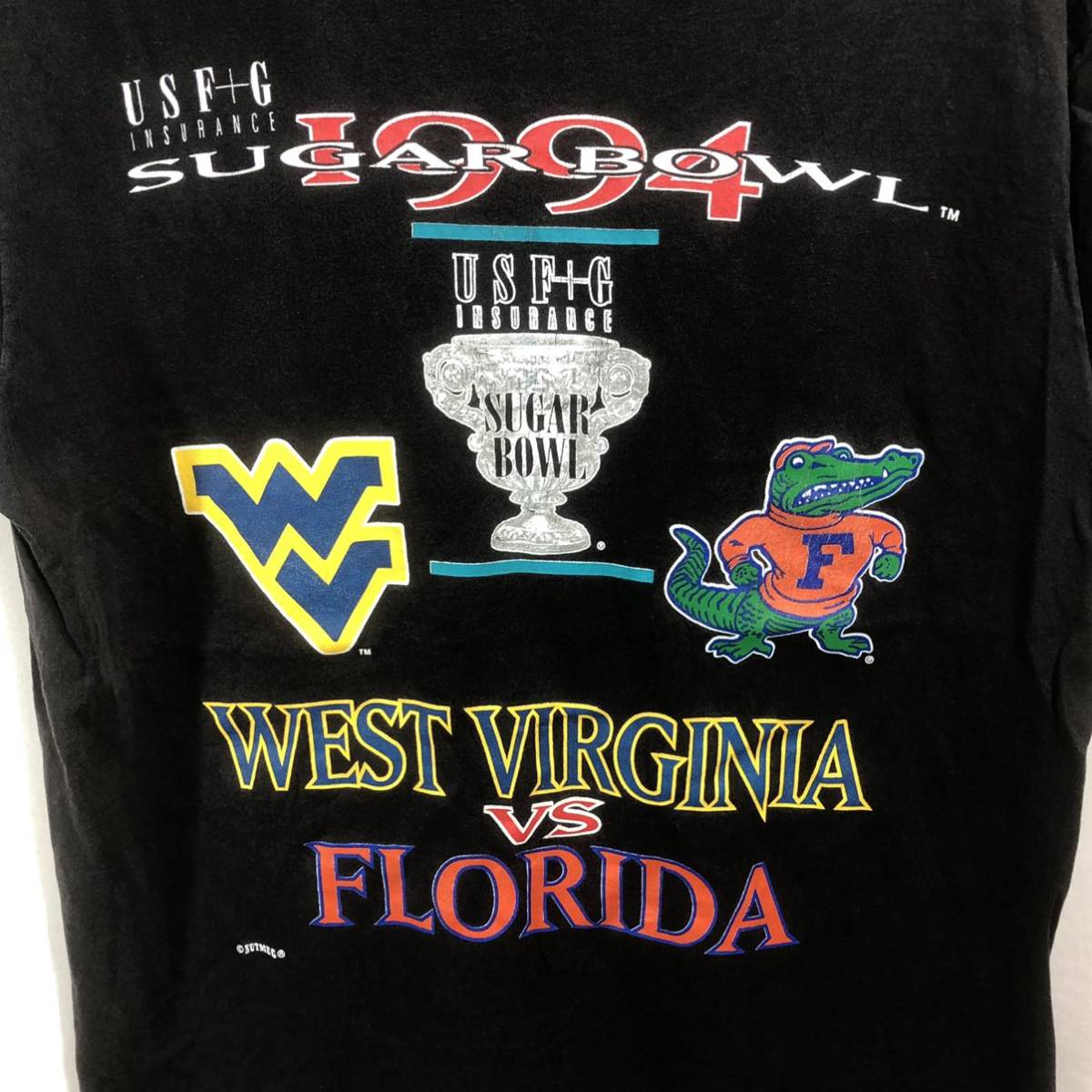 ■ 90s 90年代 ビンテージ USA製 NUTMEG 1994 SUGAR BOWL WEST VIRGINIA VS FLORIDA プリント Tシャツ アメフト カレッジ 黒 サイズM ■_画像4