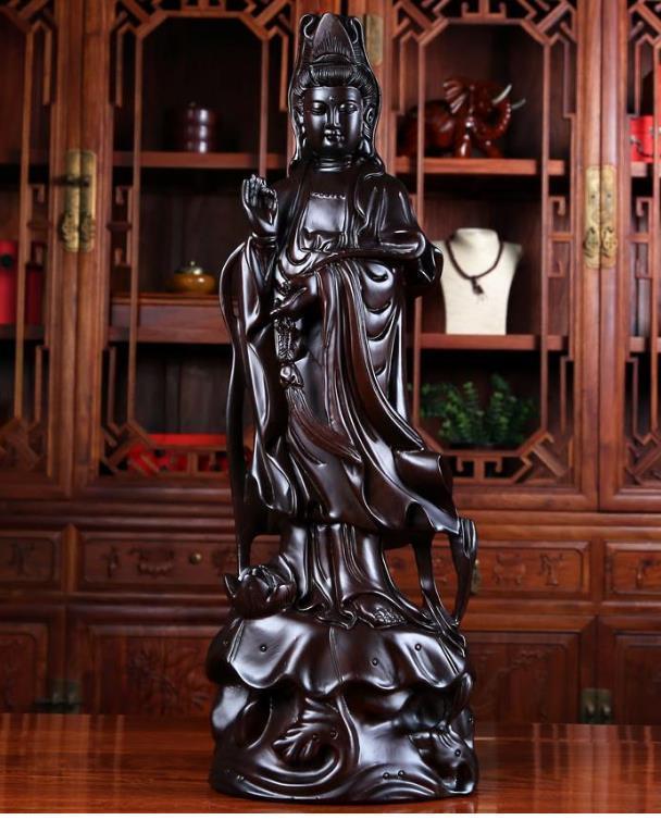 黒檀木 観音菩薩像 仏教美術 精密細工 木彫り 仏像 置物 高さ30cm_画像2