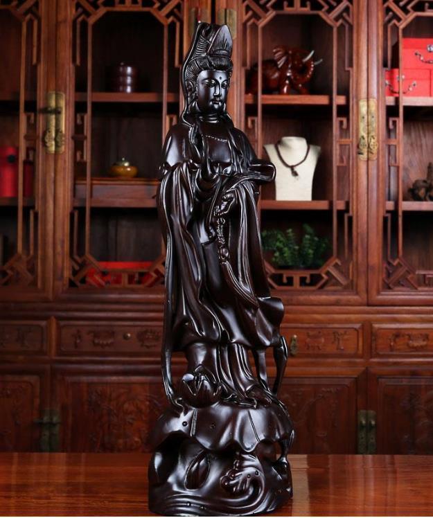 黒檀木 観音菩薩像 仏教美術 精密細工 木彫り 仏像 置物 高さ30cm_画像1