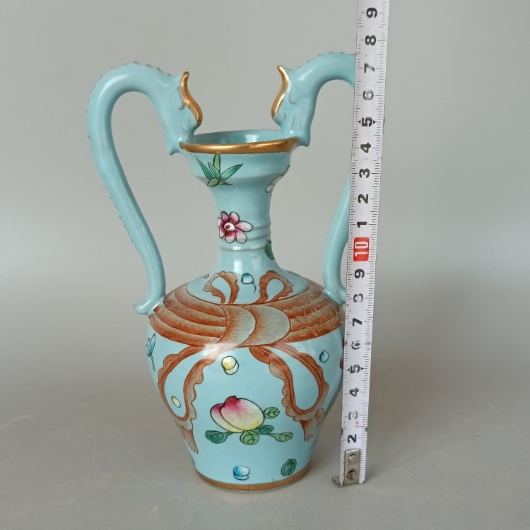 ヤフオク! - 宋 汝窯 天青釉 描金 彩絵桃図 龍耳瓶