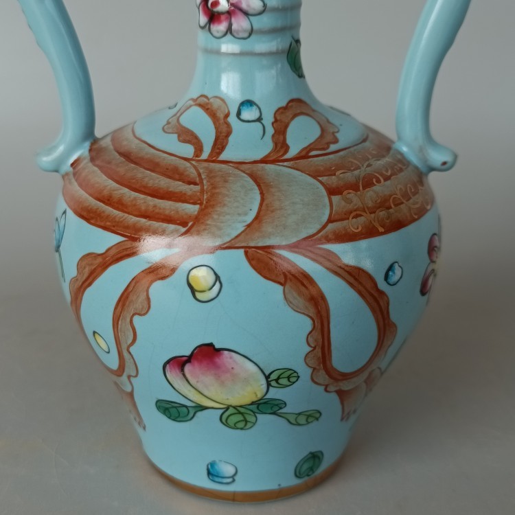 ヤフオク! - 宋 汝窯 天青釉 描金 彩絵桃図 龍耳瓶