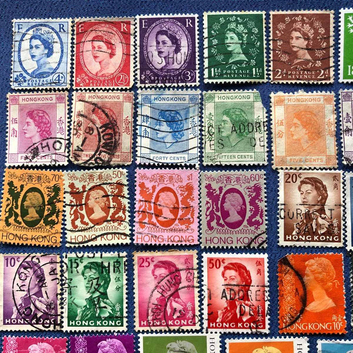 即位記念も！エリザベス2世が図柄の切手52種 イギリス、カナダ、オーストラリア、香港　記念切手も各種！