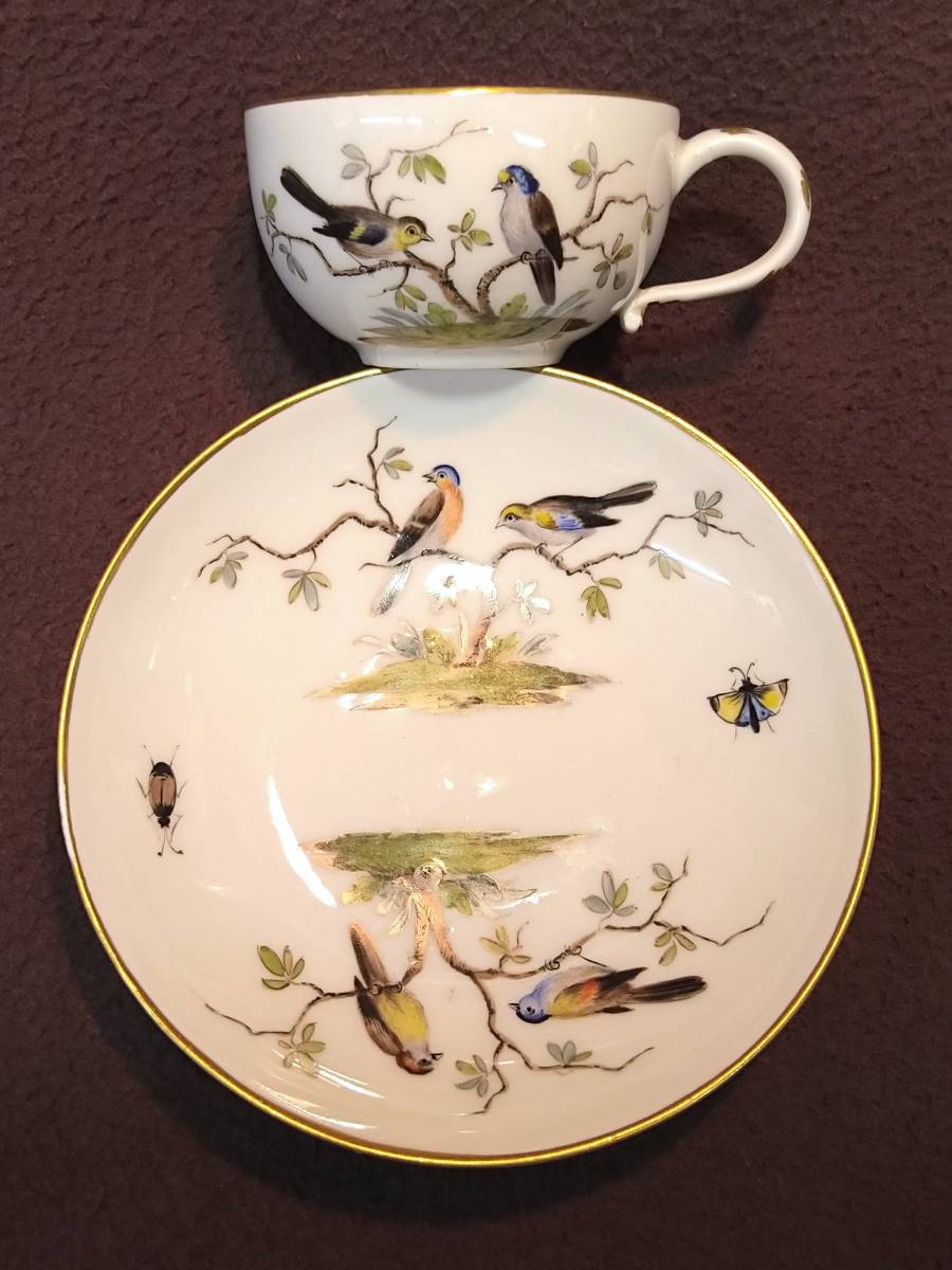 古 レア! 貴重 19世紀 マイセン、ドイツ アンティーク ティー・カップ&ソーサー ハンドペイント 鳥絵 1850〜80年頃 3