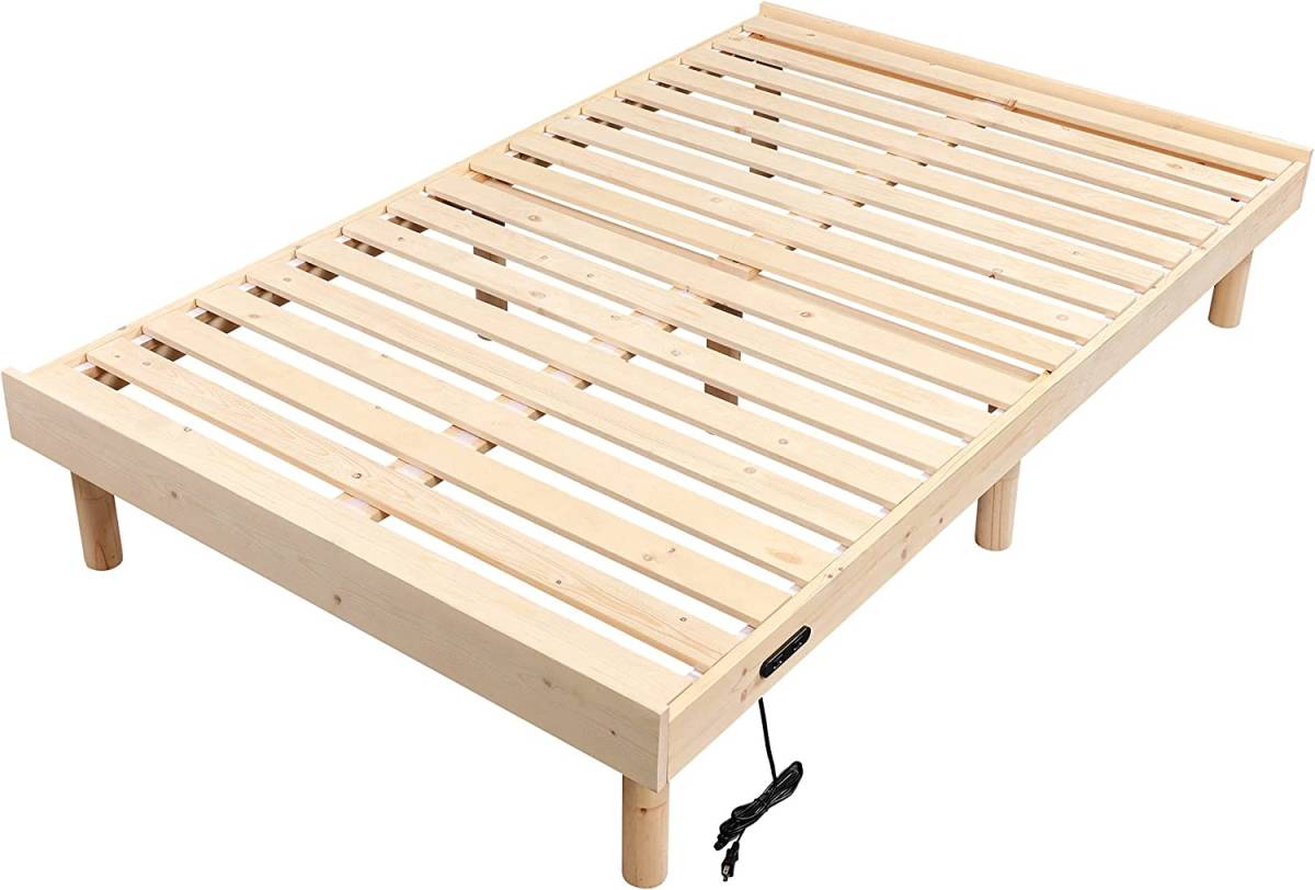 すのこベッド 100%天然木 ベッドフレーム セミダブルベッド コンセント付き 木製ベッド 高さ調節 脚付き 耐久性 通気性