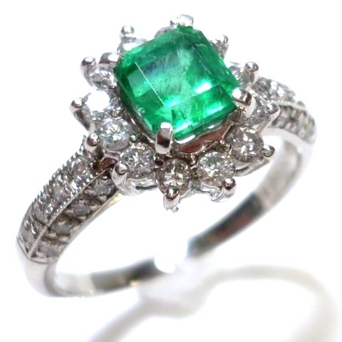 J◇Pt900 豪華！エメラルド 1.0ct & ダイヤ 0.6ct プラチナ リング 指輪 15号 スクエア ダイヤモンド Platinum Emerald Diamond ring