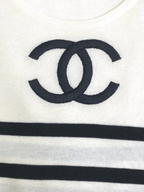 シャネル CHANEL 黒白 ボーダー タンクトップ ノースリーブ ココマーク刺繍 レア ヴィンテージ 3