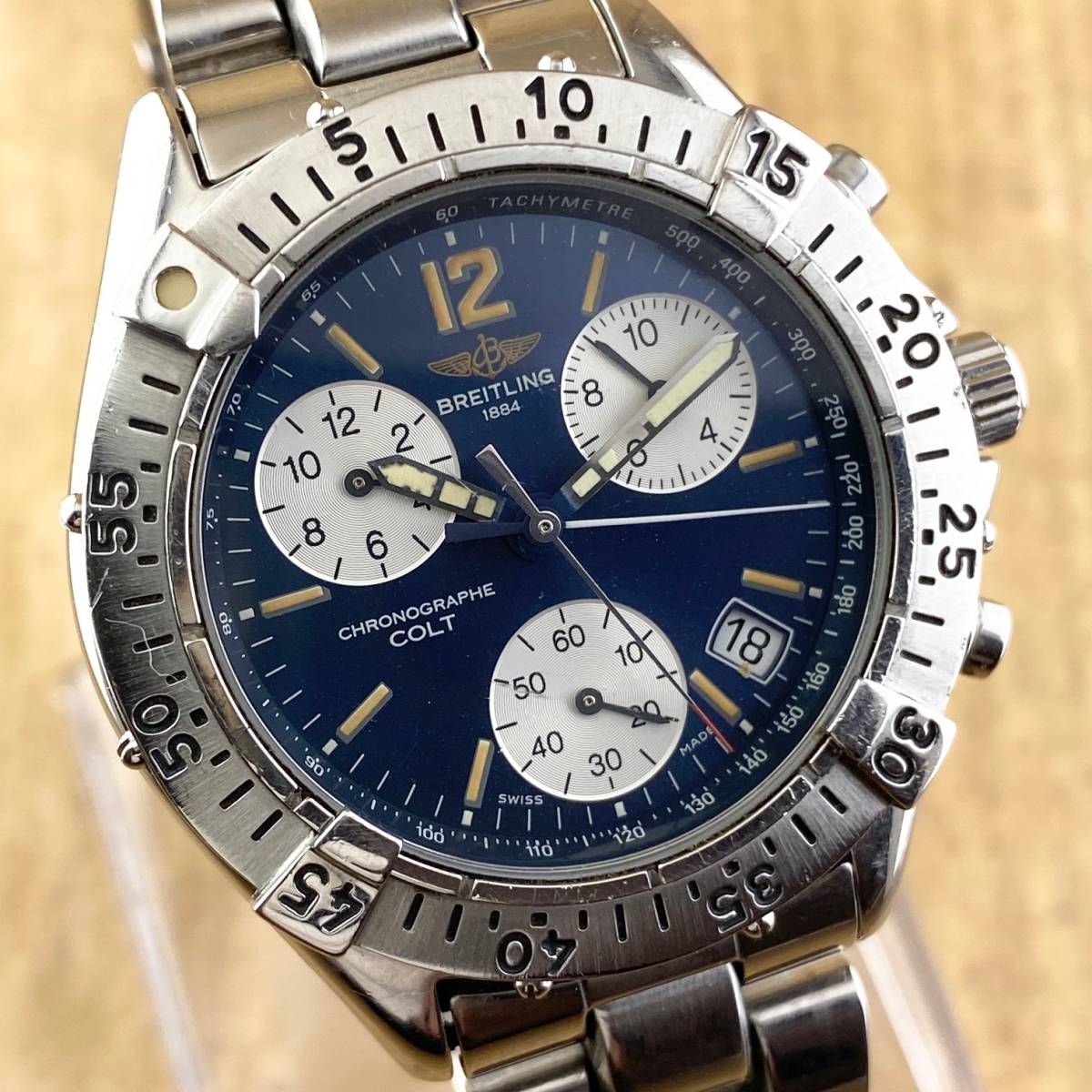 【1円〜】BREITLING ブライトリング 腕時計 メンズ COLT コルト クロノグラフ A53035 ブルー文字盤 ラウンドフェイス デイト 可動品_画像4