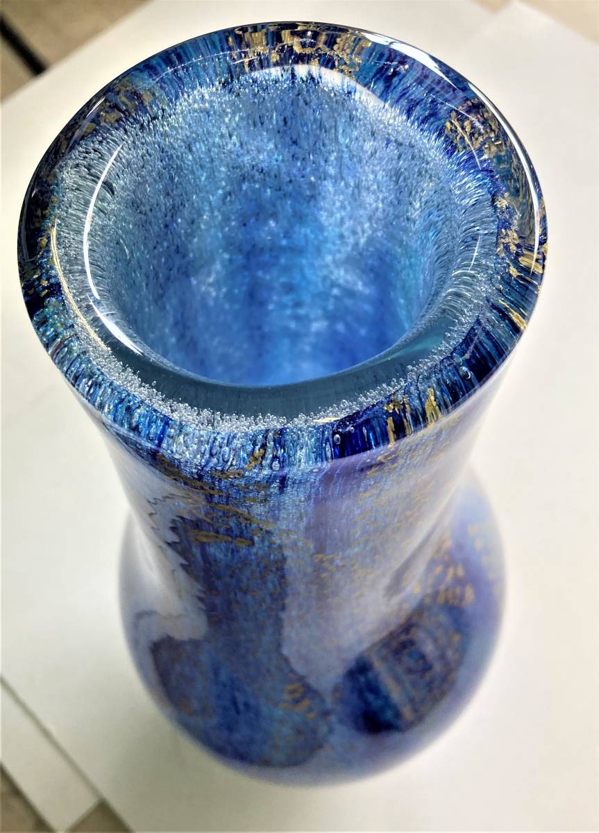 T1885[ Iwata wistaria 7 ] lapis lazuli bin gold paint glass vase . box less . Iwata . profit. . flower vase glasswork vase height approximately :310mm width approximately :140mm