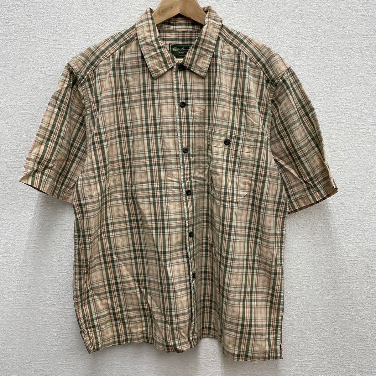 Eddie Bauer エディバウアー チェック 半袖 シャツ shirts ベージュ カーキ ブラウン L_画像1