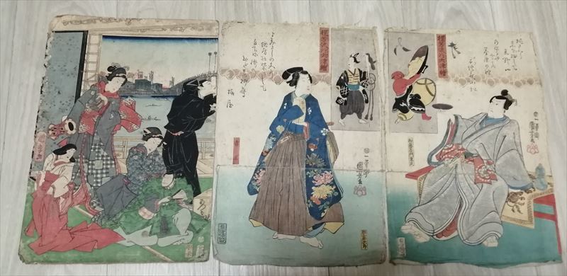 浮世絵 版画 3枚 国芳 程芳流行大津絵 2枚 加藤左ェ門重氏 吉三 国孝 彫栄 美人画 検：国貞 芳年 広重 英泉 歌麿_画像1