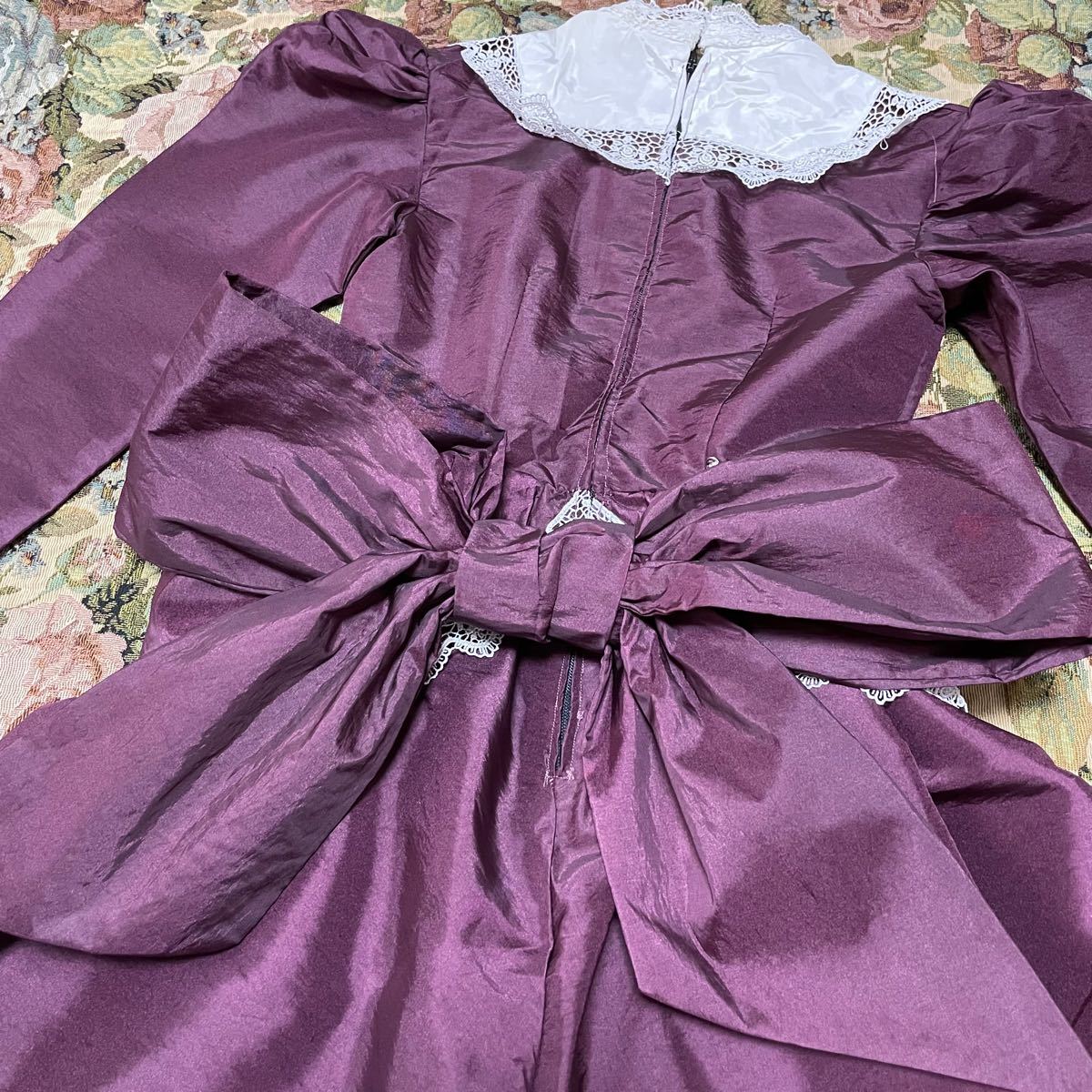 ヴィンテージ　ドレス　子供服　130cm パープル　レース　ハンドメイド　手作り　紫　ワンピース　ロング　長袖　メイド　プリンセス