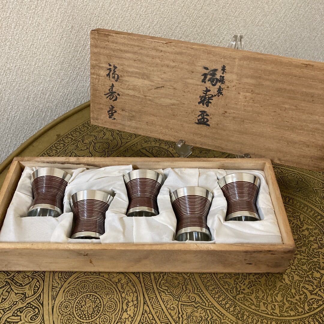 本錫福寿堂福寿盃5脚組足付猪口時代箱酒器昭和初期| JChere雅虎拍卖代购