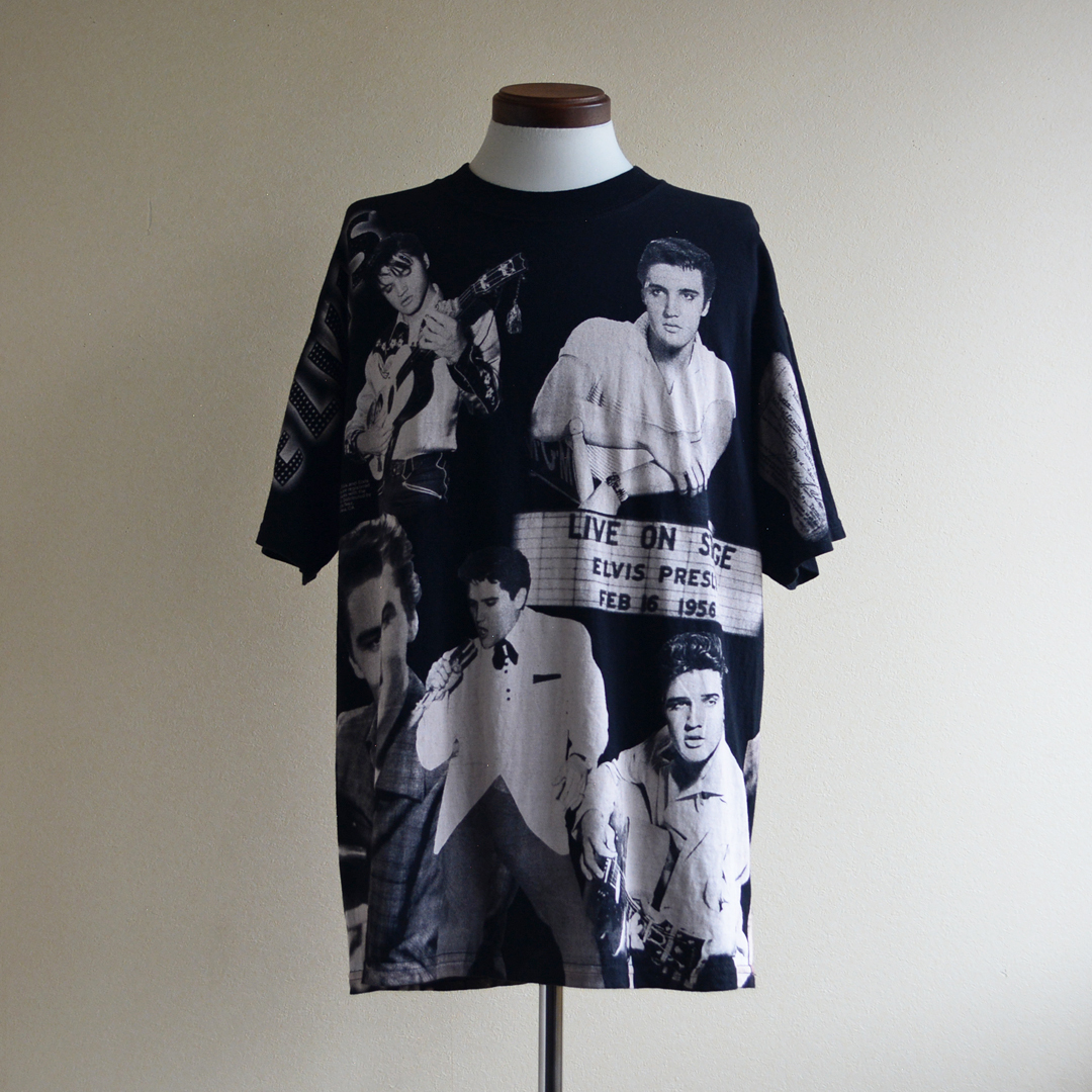 90s ELVIS PRESLEY 総柄プリントTシャツ MADE IN USA 表記XL 黒 / ビンテージ エルヴィスプレスリー ロカビリー Edwards Teez 古着