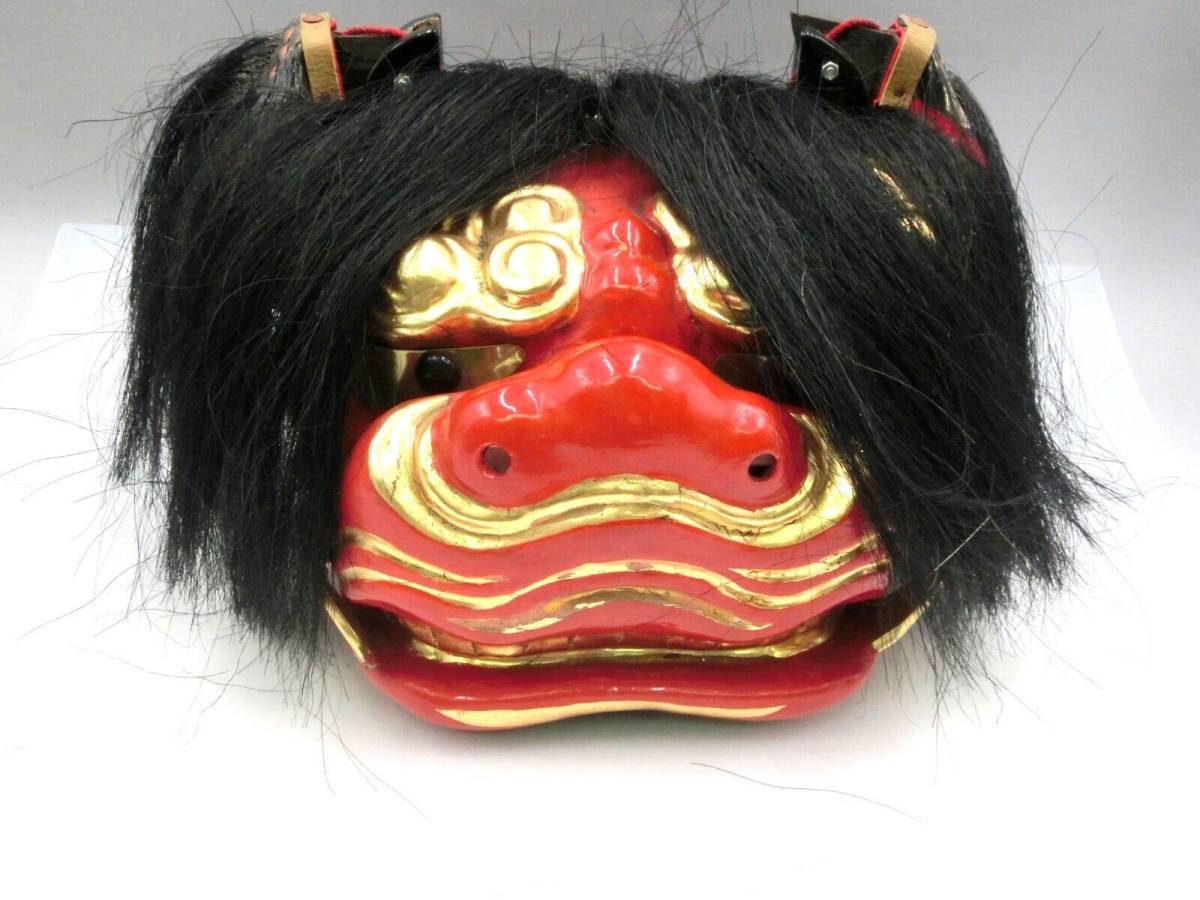 当時物 獅子頭 角つき 獅子舞 漆塗り1対 夫婦獅子 ペア 木彫り 時代